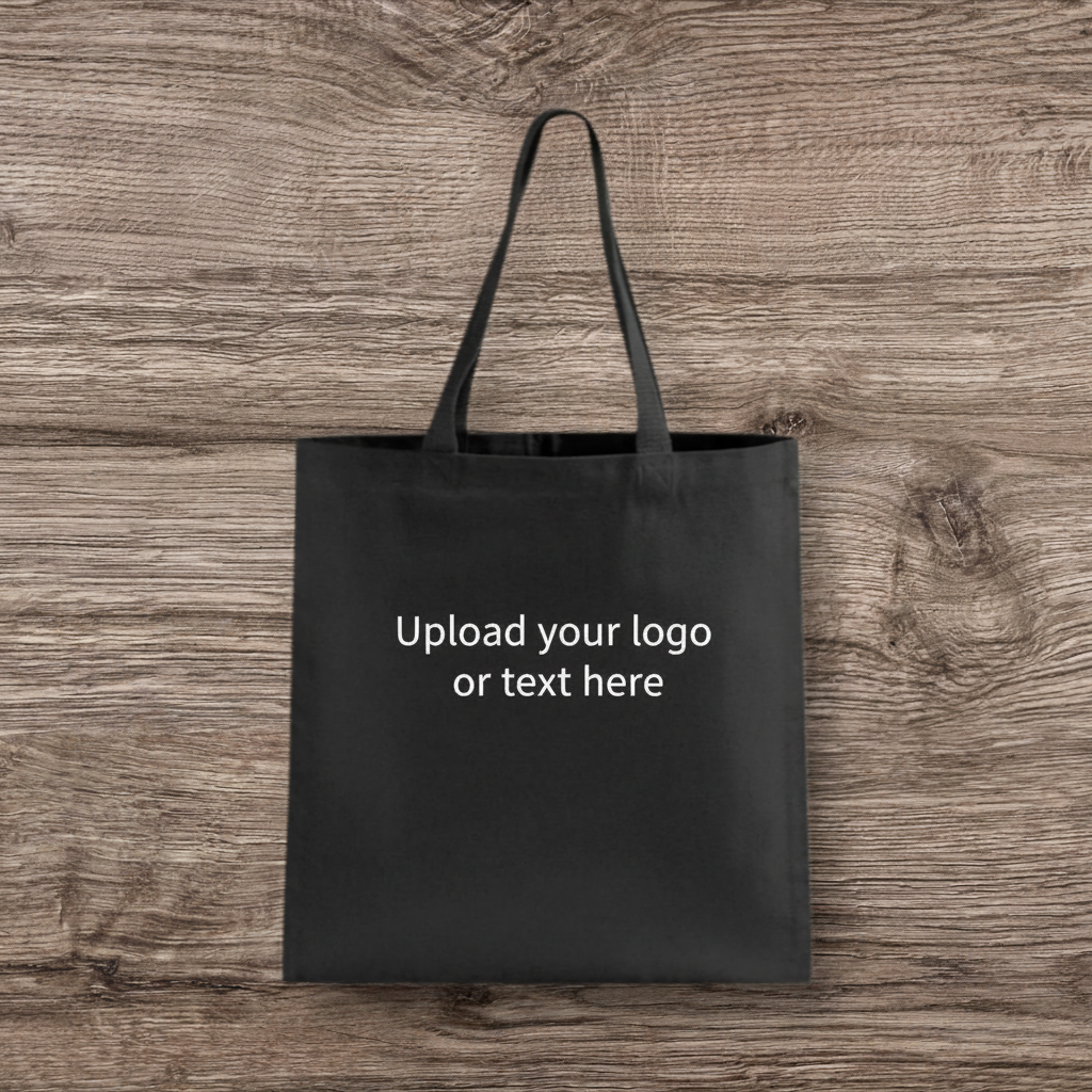 Black tote bag with upload text - full size