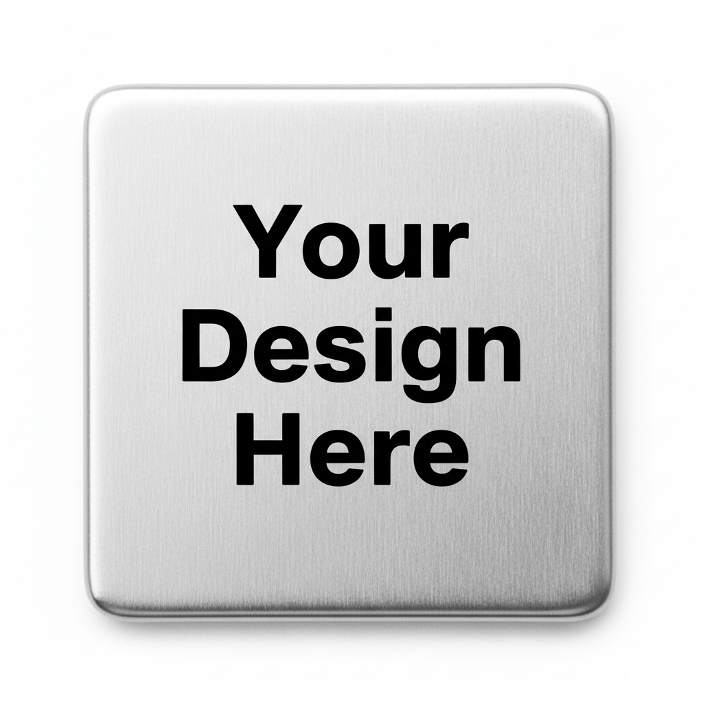 Close-up of blank 3x3 Metal Magnet with Your Design Here text