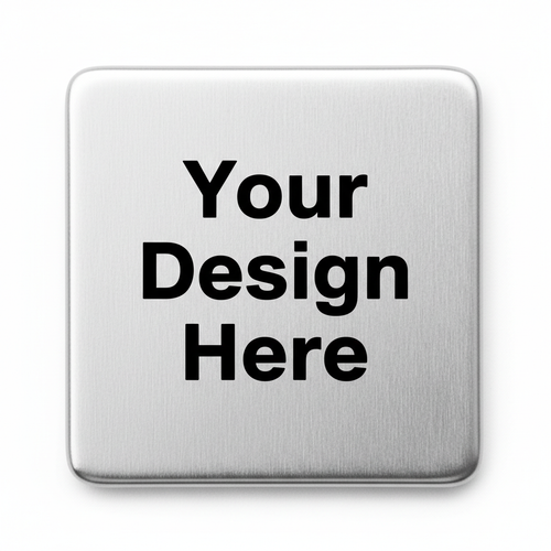 Close-up of blank 3x3 Metal Magnet with Your Design Here text