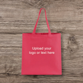 Hot pink tote bag with upload text