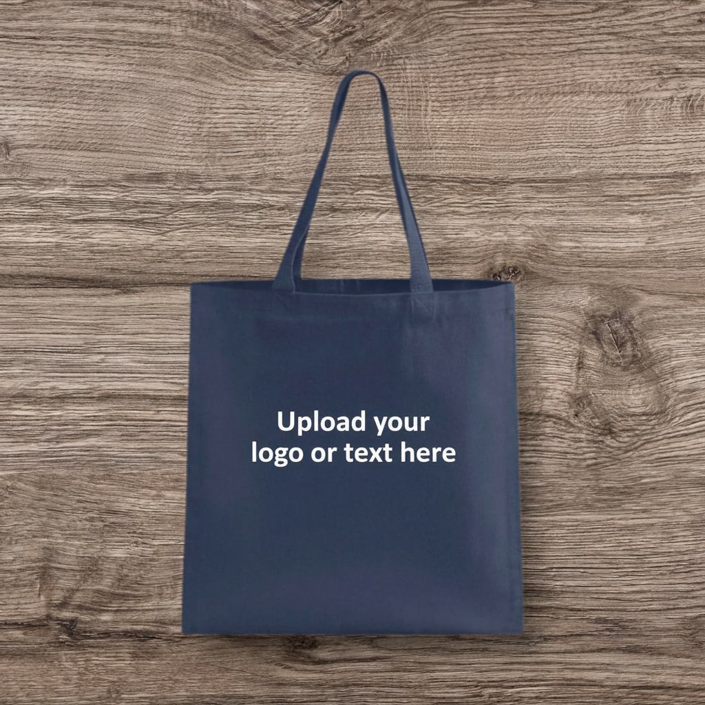 Navy blue tote bag with upload text