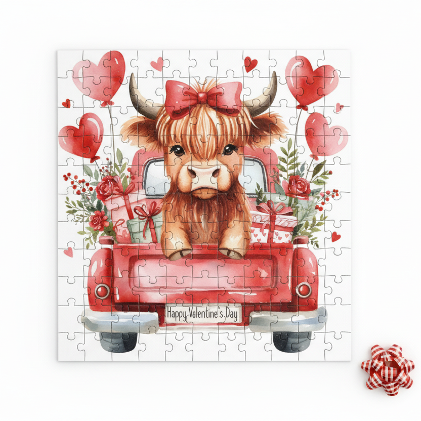 Valentine's highland cow truck puzzle mockup